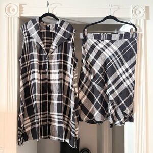 FLAX 100% Linen Lagenlook Co Ord Set Plaid Long Line Tunic & Pull On Skirt Med